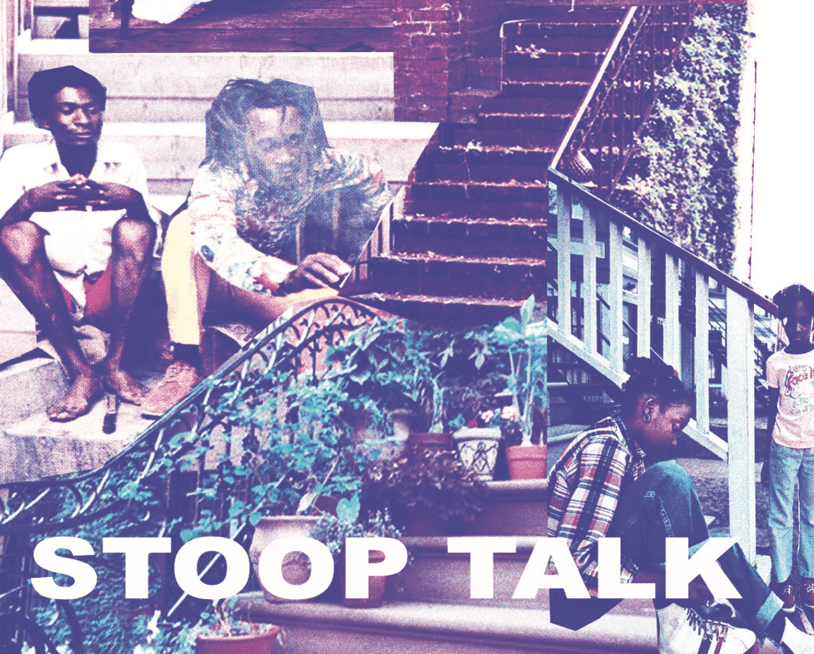 A collage of Black folks sitting on a staircase, with the words 